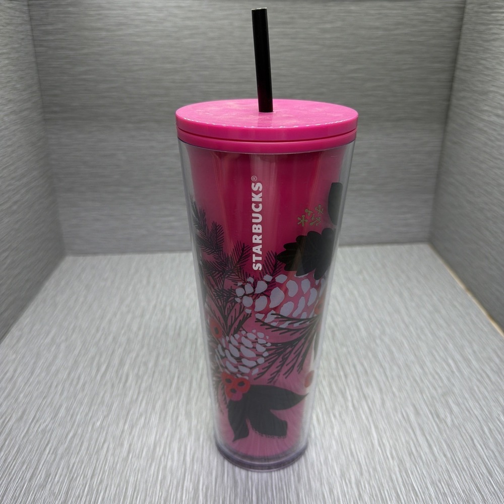 Starbucks‎ Pink Pinecone Print Cold Cup Tumbler 24 oz Reusable w Straw